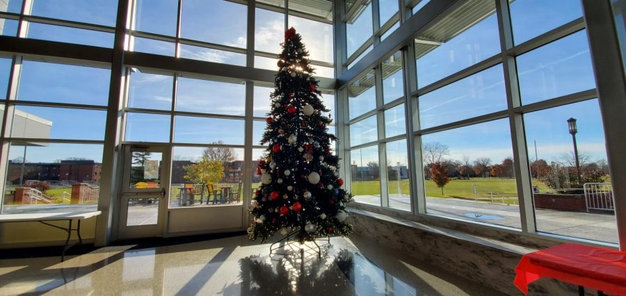A large Christmas tree stands in the Jefferson Student Union, adding cheer to the holiday season on campus.