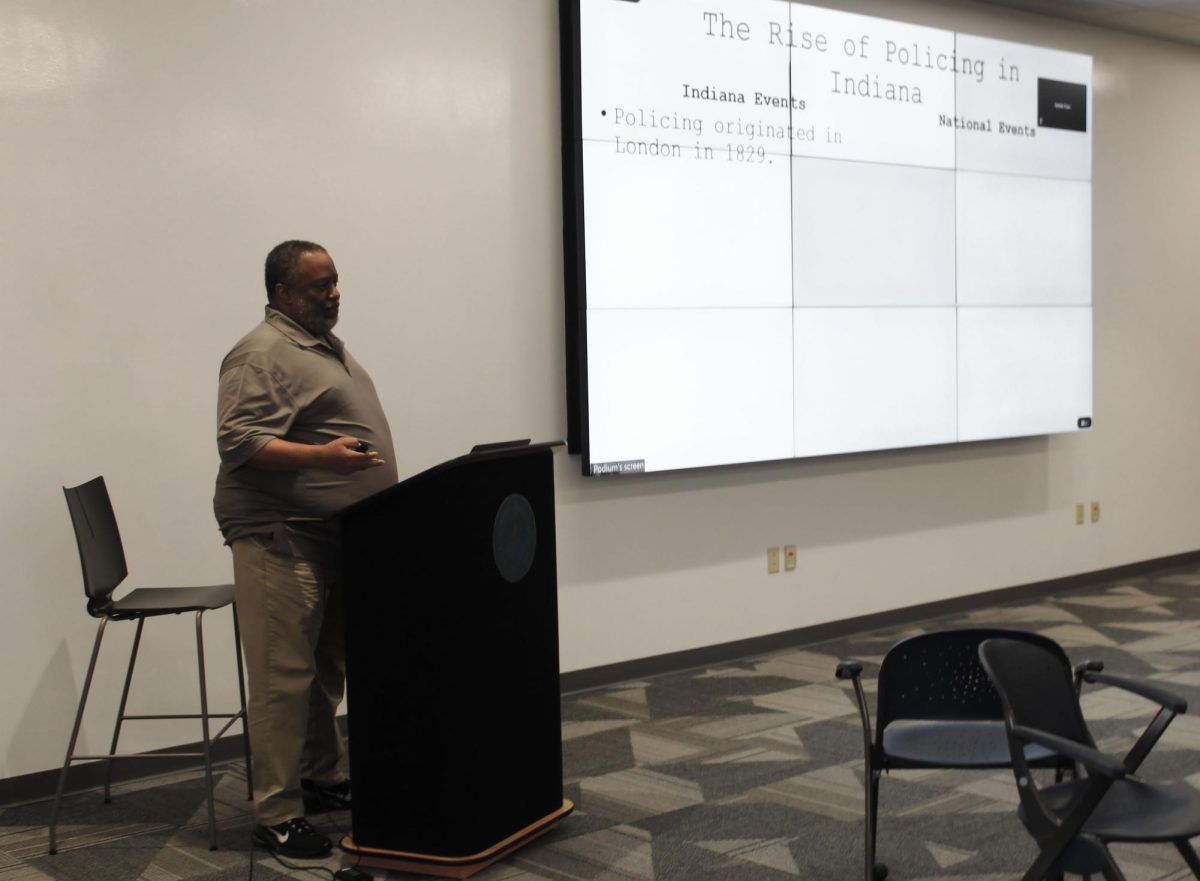 Leon Bates discusses the Rise of Policing in Indiana in during an event Thursday held at the Shake Learning Resource Center.