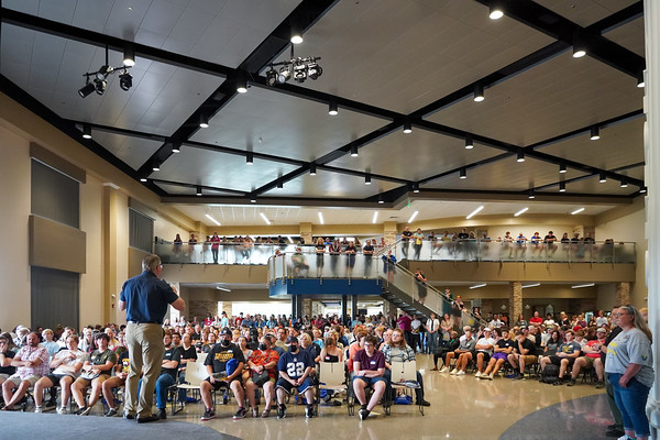 Vincennes University President Dr. Chuck Johnson speaks to new students, parents and families at New Student Orientation and Parent and Family Orientation on Aug. 16 at Jefferson Student Union.