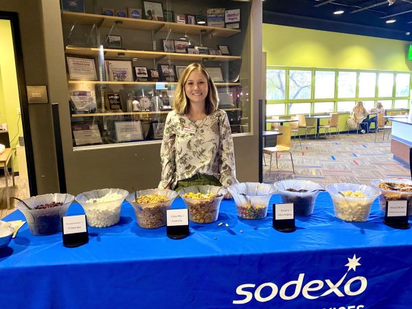 Jessica Ariola, a registered dietitian at VU, at her trail mix station waiting to help and inform students. 
