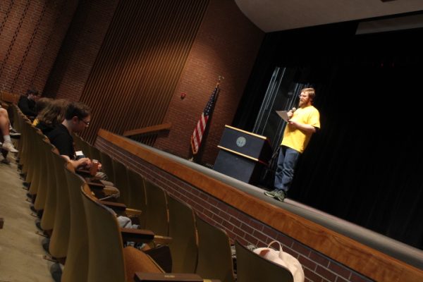 Vincennes University English major Grant Dickey performs four original poems at Thursday evening's Open Mic Poetry Jam hosted by VU's Creative Writing Club.