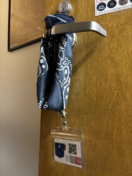 Bandanas like this can be found hanging around campus in honor of Denim Day.